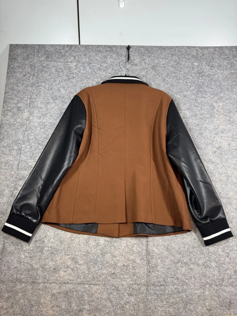 FDJ Brown Wool Blend Varsity Jacket Black Faux Leather Sleeves Preppy Chic XL - Picture 13 of 16